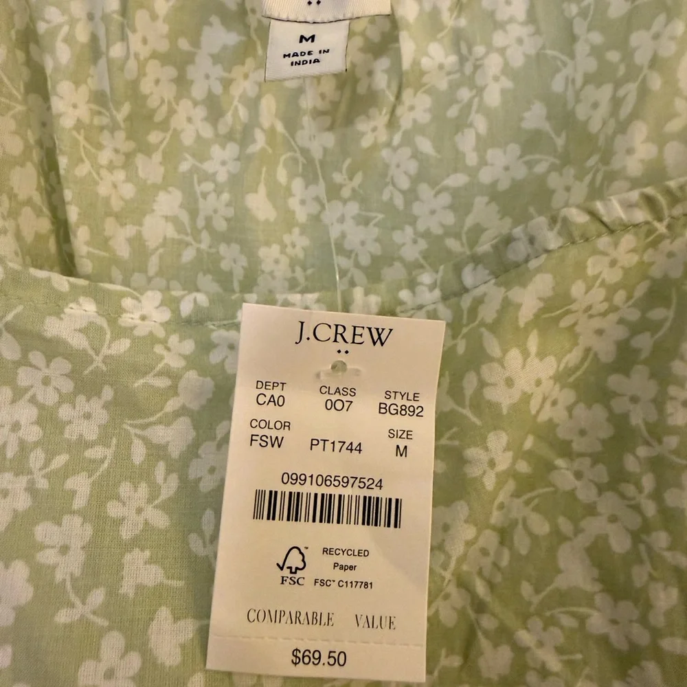 J Crew Sleeveless Ruffle Sleeve Blouse Green & White Floral M New w Tags $69.50